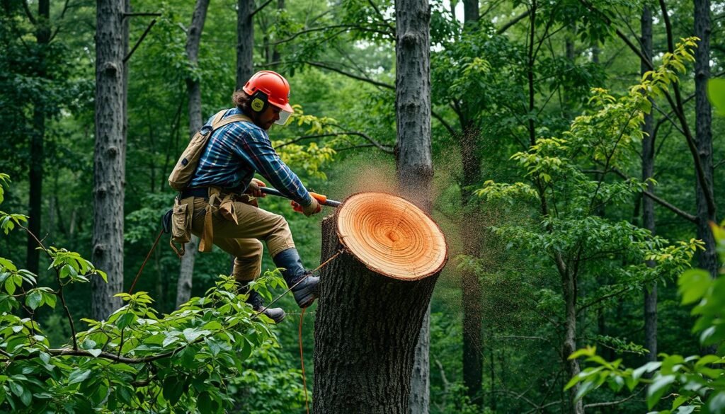 A step-by-step process service depicted in a clean, organized manner. The foreground shows various tools and equipment used in the tree felling process, such as chainsaws, ropes, and safety gear. The middle ground showcases the key steps of the process, with diagrams or illustrations demonstrating techniques like tree assessment, cutting, and removal. The background features a serene, wooded setting, with lush greenery and natural light filtering through the canopy. The overall scene conveys a sense of professionalism, attention to detail, and a commitment to safety and efficiency in the tree felling service.