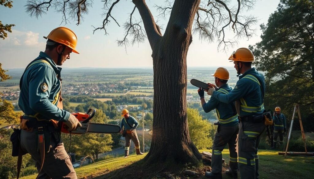A team of hardworking tree felling professionals, clad in protective gear, stands amidst the lush greenery of Centurion. In the foreground, a seasoned centurion guides the felling operation, their chainsaw poised to expertly slice through the thick trunk of a towering oak tree. The middle ground showcases the team's precision as they work in synchrony, maneuvering the heavy tree to ensure a controlled descent. In the background, a picturesque landscape of rolling hills and distant buildings sets the scene, bathed in the warm glow of the afternoon sun. The image conveys the skill, dedication, and safety-conscious approach of the Centurion tree felling team.