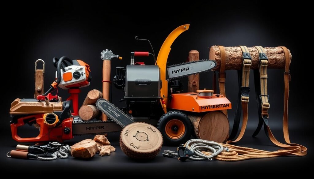 A well-lit, high-resolution image of a diverse array of state-of-the-art tree felling equipment, including a powerful chainsaw, a heavy-duty chipper, a hydraulic log splitter, and a robust harness with a rope and pulley system. The equipment is arranged in a cohesive, visually appealing manner, showcasing its advanced features and capabilities. The image should convey a sense of professionalism, efficiency, and the team's commitment to utilizing the latest and most effective tools for their tree felling operations in Centurion.