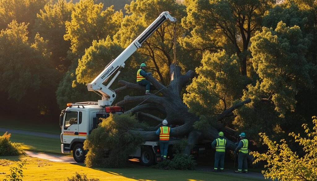 An emergency tree removal operation in the lush, verdant landscape of Centurion. A sturdy, specialized tree service truck with its crane arm extended, delicately maneuvering a fallen oak tree amidst a cluster of surrounding foliage. The scene is illuminated by warm, directional sunlight casting dramatic shadows, conveying a sense of urgency and professionalism. The crew, clad in high-visibility safety gear, work with precision and coordination to efficiently address the immediate threat, ensuring the safety of nearby structures and pedestrians. The atmosphere is one of controlled chaos, where the team's expertise and swift response are paramount.