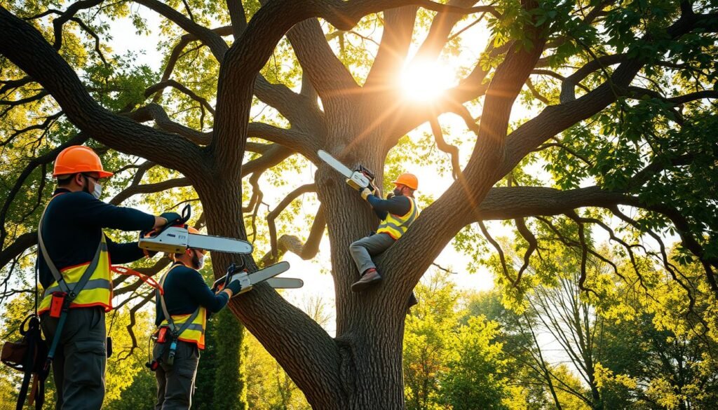 a closeup view of a team of professional tree service workers in a lush, verdant landscape, using chainsaws and other specialized equipment to carefully trim and prune the branches of a large, mature oak tree. the workers are wearing hard hats, safety goggles, and high-visibility vests, their faces focused with intense concentration as they skillfully navigate the intricate canopy. the scene is bathed in warm, golden sunlight filtering through the leaves, creating a serene and tranquil atmosphere. in the background, other trees and lush foliage provide a natural, picturesque setting for this specialized arborist work.
